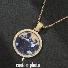 1pc Personalized Photo Pendant Necklace - Hip Hop Luxury Style, Sparkling Rhinestones, Non-Magnetic - Perfect For Men, Ideal For Christmas, Thanksgiving, Teacher's Day, Back To School, Graduation Gifts, Personalized Necklace