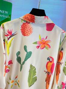 女士时尚新款单排扣长袖鹦鹉、菠萝、仙人掌和羽毛印花衬衫 - 黃色 - 查看 6