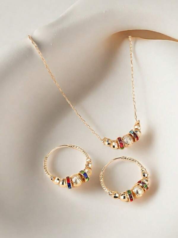 طقم 1 قطعة قلادة مطلية بالذهب دائرية مرصعة بالأحجار الكريمة الملونة و 1 زوج أقراط