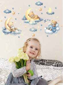 Children's Room Decoration Wall Sticker, Teddy Bear Picking Stars & Sleeping Bear Family Wall Decals, Beautify Baby Room - Multicolor - View 9