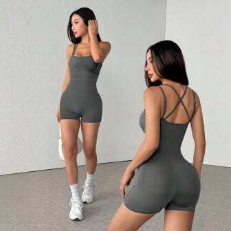 1 pezzo Tuta corta sexy con schiena scoperta, tutina accattivante adatta per abbigliamento sportivo, fitness, yoga