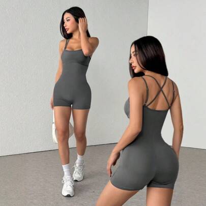 1pc Sexy Spaghetti Strap Jumpsuit, Cute Fitness Activewear & Yoga Romper Shapewear Bodysuit