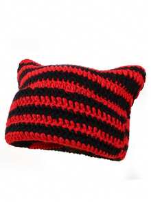 1pc Unisex Hand Knitted Cute Striped Cat Ear Beanie Hat, Autumn Winter Warm Ear Protective Handmade Striped Ski Mask Street Fashion Hip-Hop Couple Headwear - Multicolor - View 17
