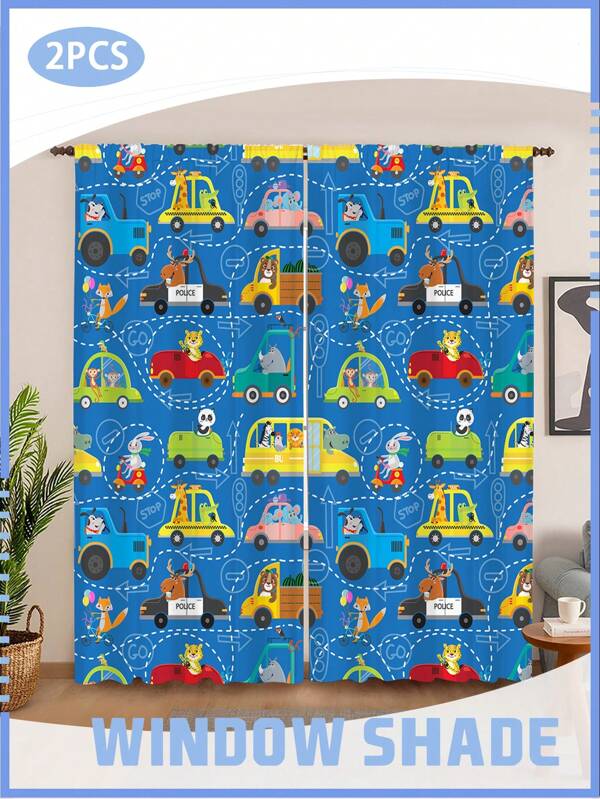 2Panels Funny Animal Drivers Curtains Cartoon Animal & Car Pattern Kids' Blackout Curtains Light Filtering Nursery Decor