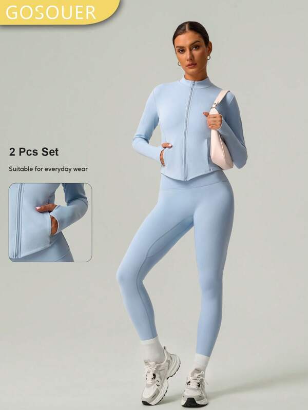 GOSOUER 2 pièces Ensemble Co Ord Veste de sport classique en polaire légère et chaude pour femmes avec legging de yoga pour le soulèvement des fesses pour l'hiver et l'automne