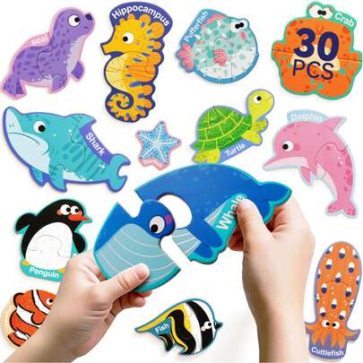 ODAPTO 30 Pcs Magnetic Puzzle Of Fun Ocean Animals - Colorful Puzzles For Kids Aged 3+ - A Magnetic Educational Learning Toy For Toddlers Aged 3-5 To Develop Hand-Eye Coordination