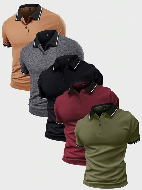 5 piezas de ropa de golf para hombre - Camiseta polo de manga corta, camisa polo, ropa deportiva y de ocio para exteriores, camiseta sólida a juego, ropa clásica para entrenamiento de fitness, baloncesto, fútbol, rugby, golf