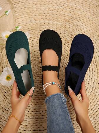 2025 Höst Dam Helårs Stickade Mary Jane Platta Skor, Enfärgade Slip-On Rundtåskor, Tyg Ovandel & Foder, Gummi Yttersula, Handtvätt Kan