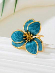 1 件甜美花卉滴油装饰女士戒指，适合约会、订婚礼物、日常佩戴 - 藍色 - 查看 3