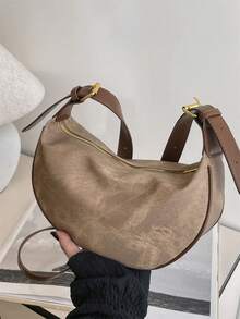 Women's Leather Dumpling Bag, PU Leather Mono-Shoulder Saddle Bag, Adjustable Strap, Daily Commute Use - Khaki - View 6