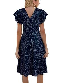 Vestido de cóctel de longitud hasta la rodilla con bolsillos, manga con volantes y escote en V en la espalda, estilo de trabajo ajustado y acampanado, para mujer, estilo 2025 - Lunares marinos - Ver 2