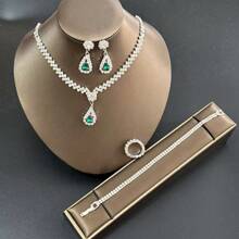 Conjunto de 3 peças de colar de cristal de metal prateado feminino, brincos, conjunto de joias de pulseira, acessório de casamento para noiva