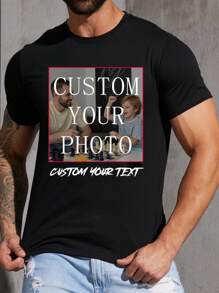 Customized Men's T-Shirt With Personalized Design - Input Your Text/Blessing/Fun Quote/Message, Upload Your Photo/Couple Photo/Loved One/Best Friend/Pet/Landscape/Family, Men's Black Short Sleeve Tee Ornamental, Dawg Stylish, Fashion, Hipster, Contracted, Easy Costume, Modest Fashion, Minimal Chic, Casual Custom, Unique, Personalized Ideal Gifts For Him Family, Boyfriend, Friends, Children