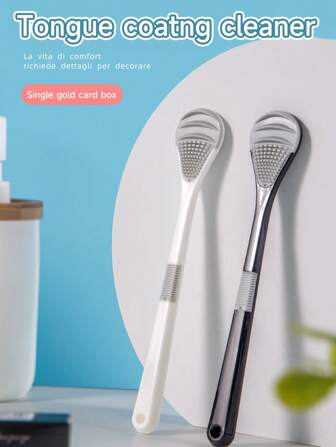 1/2件，便携式成人舌苔刮刀，带3M自粘挂钩，可粘贴在墙上节省空间。温和清洁舌苔，让您时刻保持口气清新。小巧便携，可放入口袋和包中。