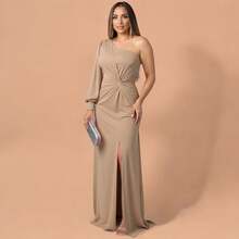 Long Dress With Sleeves For Bridesmaid Wedding Graduation Light Party - Nude - View 2