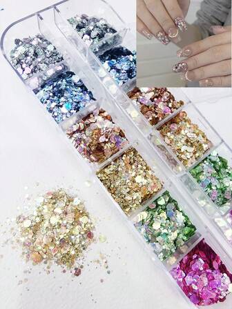 1 Box Mixed Holographic Hexagon Nail Glitter, Colorful Mermaid Nail Art Sequins Decorations