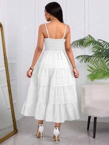 Elegant Vestido Larga Con Volantes Para Mujer,De Estilo Casual Francés,Vestido De Tirantes Con Diseño Fruncido Y Botones