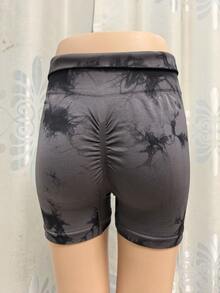 1件装欧美风无缝扎染骑行短裤，女士高腰提臀运动短裤，速干粉色瑜伽短裤夏季款 - 灰色 - 查看 3