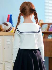 ASK JUNIOR ASK JUNIOR Tween Girls "Relaxed French" Long Sleeve Navy Collar Half-Zip Up T-Shirt Sweater