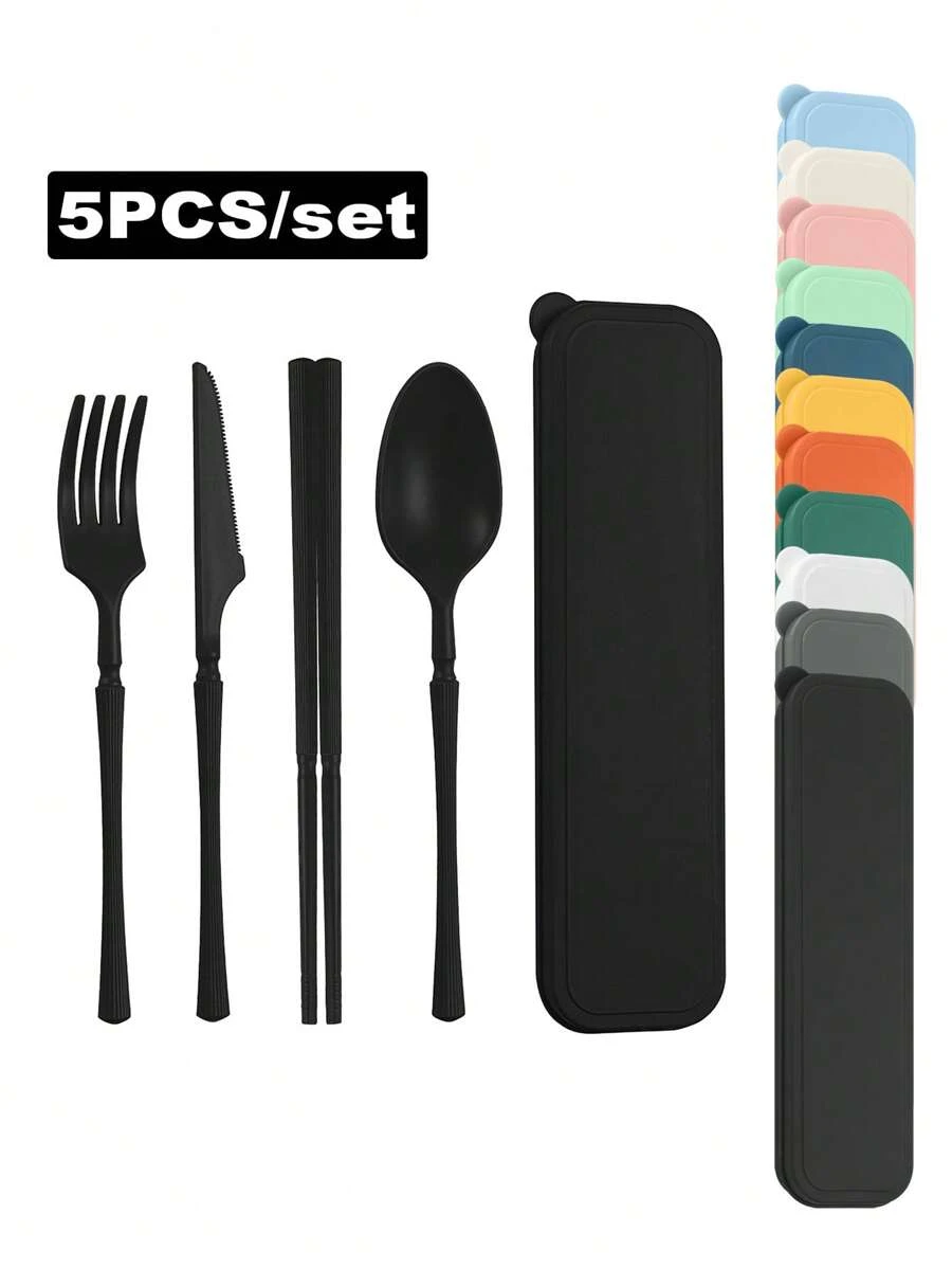 Set de 5 piezas de cubiertos portátiles de plástico con cuchillo, tenedor, cuchara, palillos y 1 caja de almacenamiento, adecuado para acampar al aire libre, picnic, trabajo y uso diario en la escuela