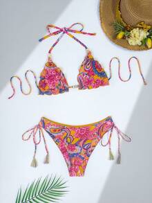 2件套全身印花性感露背比基尼套装，适合夏季海滩度假旅行 - 黃粉 - 查看 3