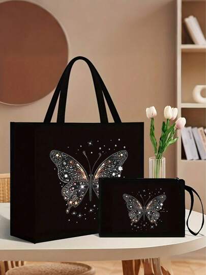 2 Pieces Pink Butterfly Print Tote Bag Set,Durable Jute With Stylish Pattern, Including Handy Coin Purse, Perfect For Shopping, Travel & Beach Adventures,Multifunctional Women's Bag, Suitable For Daily, Travel, Shopping, Work, Gift Giving