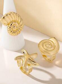 3pcs Women's Fashion Personalized Retro Oceanic Metal Seashell & Starfish Accessory, Suitable For Daily Wear