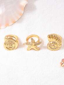 3pcs Women's Fashion Personalized Retro Oceanic Metal Seashell & Starfish Accessory, Suitable For Daily Wear