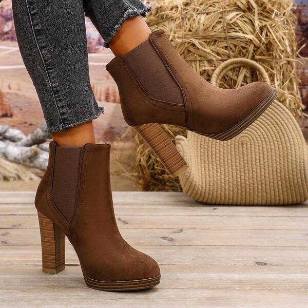 Damen Retromode Herbst/Winter Bequeme elastische Schlüpf-Stiefeletten mit dicker Sohle und hohem Absatz, Damen elegante bequeme Stiefeletten mit dickem Absatz und wasserfester Plateausohle