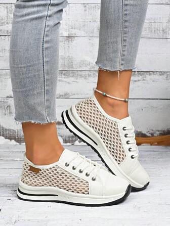 Women's Fashion Round Toe Lace-Up Hollow Out Solid Color Preppy Style Bohemian Outdoor Wedge Casual Athletic Shoes