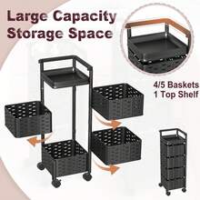 VA-Cerulean Rotating Kitchen Shelf With 4 Tiers, Rolling Cart For Fruits And Vegetables, Multi-Layer Storage Rack With 360° Rotation, With 4 Casters, Space-Saving (Square, Black/White)