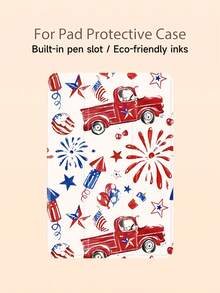 汽车爱国风格经典卡车和烟花图案平板电脑保护壳，兼容 iPad 10.2 英寸、iPad Pro 11 2021/2020/10th Gen、iPad Mini 4/5/6、Galaxy Tab A8 10.5 英寸 2022、Matepad 10.4/Tab，带笔槽，支持自动睡眠/唤醒，礼物 - 彩色 - 查看 3