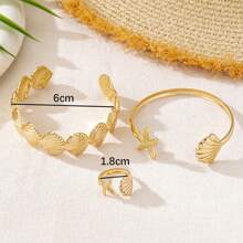 Set de 3 piezas con tema marino, brazalete y anillos abiertos con estrellas de mar y conchas