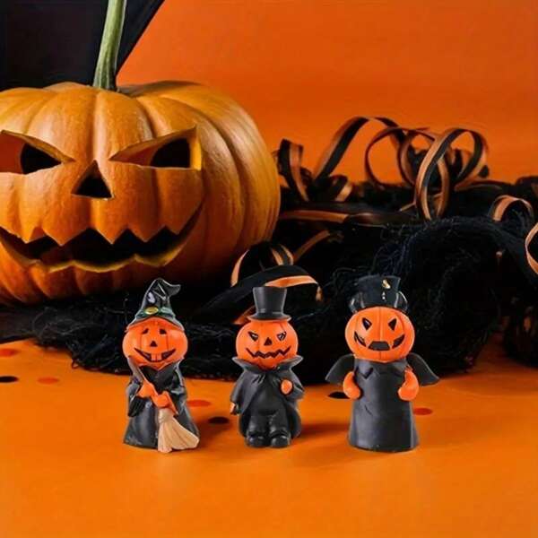 3 pièces Décoration créative d'ornement en résine de citrouille démon d'Halloween, statuette de sorcière de citrouille de bureau pour la décoration de la pièce. Décorations d'Halloween, fête de vacances d'Halloween, décoration d'automne, cadeaux pour les gens.