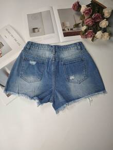 Pantalones cortos vaqueros minimalistas de talle alto con efecto desgastado y dobladillo deshilachado para el verano - Azul - Ver 6
