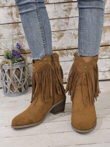 Women's Metal Decor Solid Color Fabric Fringe Boots, Outdoor Street Casual Fashion, Comfortable Thick Sole Brown Ankle Boots