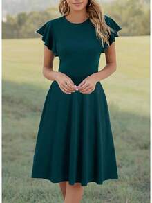 Women's Semi-Formal Ruffle Sleeve V-Back Work Fit And Flare Cocktail Knee Length Dress With Pockets, 2025 Style - Teal - 查看 6