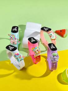 Set de 5 relojes digitales LED con diseño de unicornio colorido para niños, accesorio minimalista elegante y lindo con correa de goma, adecuado para niñas, estudiantes de primaria y secundaria, reloj deportivo LED tipo pulsera, regalo ideal para amigos en fiestas y cumpleaños