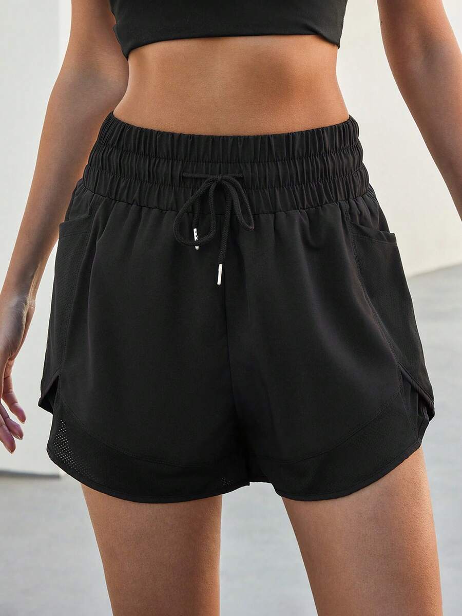 Shorts de yoga deportivos 2 en 1 de secado rápido para mujer con bolsillos de malla, tejido transpirable y cordón ajustable. Pantalones cortos cómodos y transpirables. - Negro - Ver 1