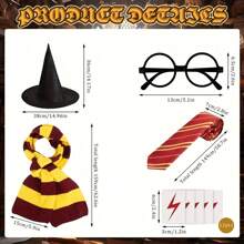 Conjunto de 5 piezas de disfraz de rol de mago para fiesta: corbata a rayas, armazón de gafas, parche de rayo, sombrero de mago, bufanda tejida a rayas de Halloween, decoraciones de fiesta de rol de cumpleaños