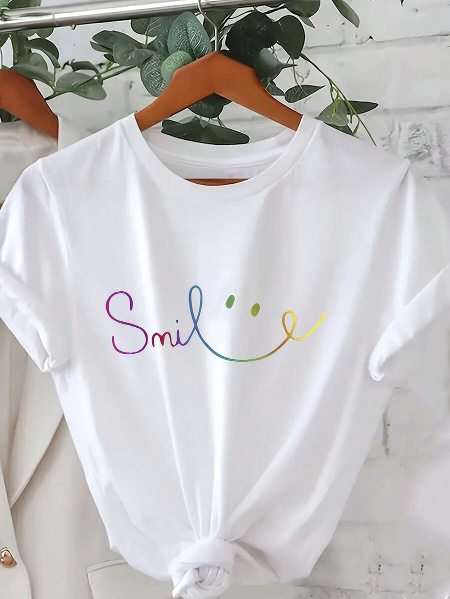 Women Colorful Smile Print Round Neck Short Sleeve Casual T-Shirt