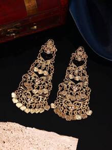 1 Pair Multilayered Earrings For Women, With Hollow Carving And Tassel Pendant Decor, Moroccan Jewelry Accessories