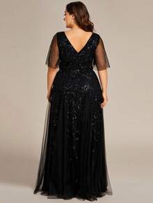 Plus Size Elegant Ruffle Sleeve Sequin Formal Dress, Black Evening Gown For Party - Black - View 3