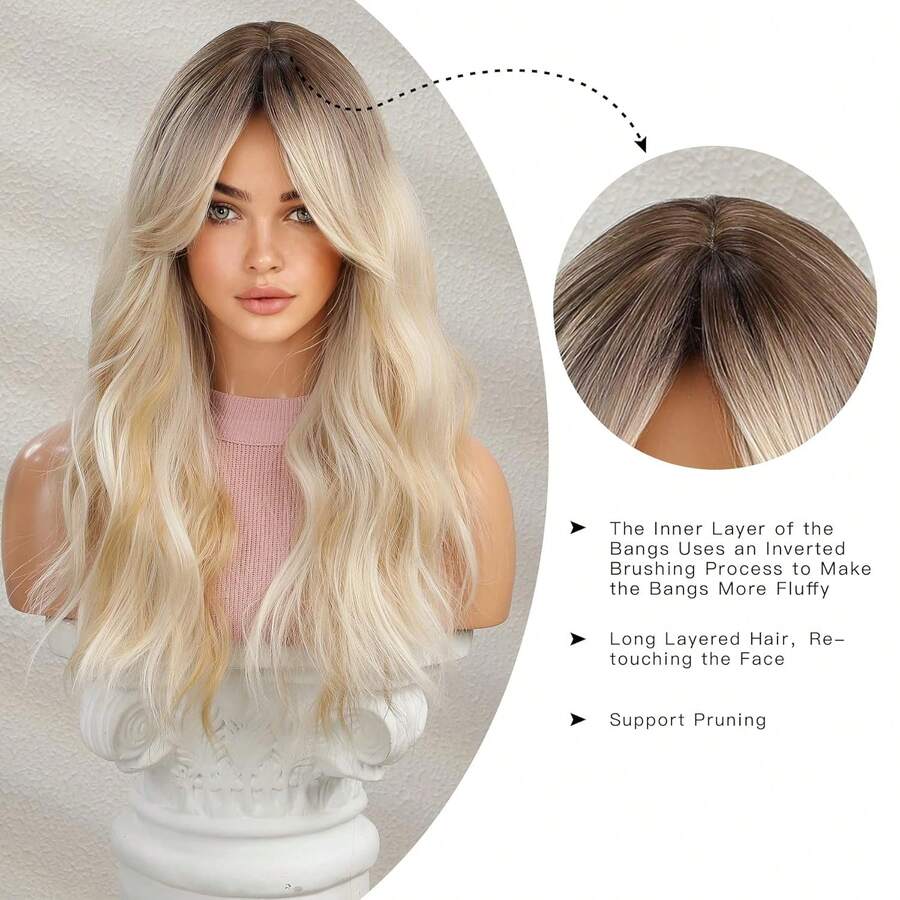 OMELPIS Long Ombre Blonde Wig With Bangs For Women Natural Layered Wavy Wigs Brown Roots Heat Resistant Synthetic Fiber High Density Curly Hair For Daily Party Holiday Dating Use 24'' - Pink - View 1