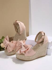 2025新款夏季厚底坡跟凉鞋女款露趾蝴蝶结系带时尚优雅高跟鞋