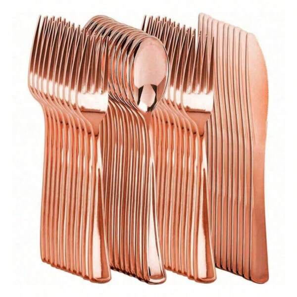 150pcs Rose Gold Cutlery Set, 50 Spoons, 50 Forks, 50 Knives, Dishwasher Safe & Reusable, Suitable For Gatherings, Celebrations, Birthdays, Parties, Kitchens, Restaurants, Weddings, Team Building, Outdoor Activities, Family Events, Cakes, Salads