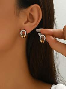 1pair Three-Layered Roman Numeral Circle Earrings With Titanium Steel, Korean Style Fashionable And Minimalist Ear Accessories - Silver - View 2