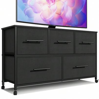 Chest Of Drawer Dresser For Bedroom With 5 Fabric Drawers TV Stand With 4 Castors Storage Organizer Unit For Living Room