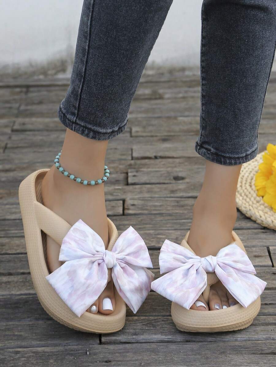 新款夏季中式蝴蝶结装饰女士人字拖，舒适休闲拖鞋，适合散步、沙滩、派对、时尚百搭