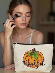 1pc Autumn Pumpkin Maple Leaf & Polka Dot Letter Pattern Linen Cosmetic Bag, Cute Travel Makeup Pouch & Multifunctional Coin Purse, Lightweight Women Essential Gift